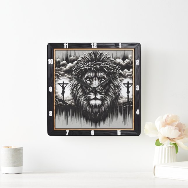 Christ Lion Calvary Religious  Square Wall Clock (Home)