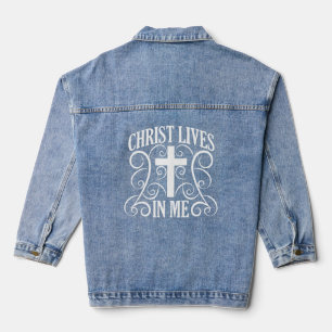 Christ lives in me text cross and swirls denim jacket