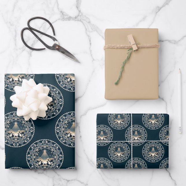 Christ Nativity Star of Wonder Polka Dot Mandala Wrapping Paper Sheets (Front)