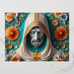 Christ Our Lord papercraft look  blue and orange Foil Holiday Postcard