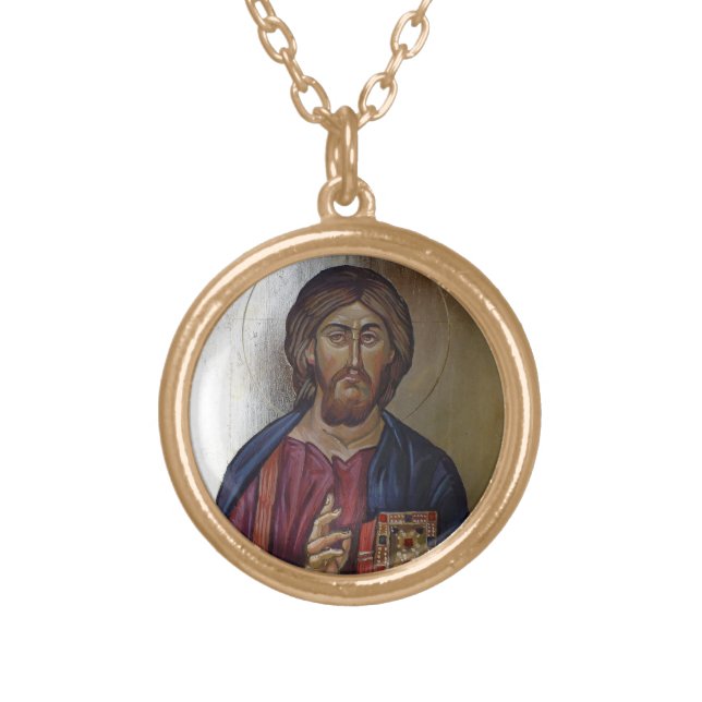 Christ Pantocrator - Byzantine Style Icon Gold Plated Necklace (Front)