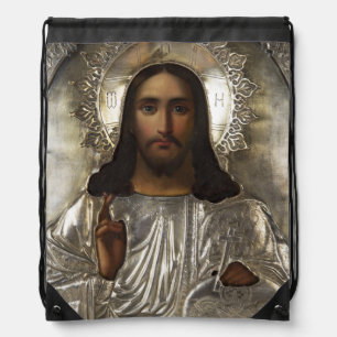 Christ Pantocrator Silver Oklad Riza Russian Icon  Drawstring Bag