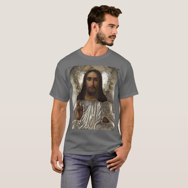 Christ Pantocrator Silver Oklad Riza Russian Icon  T-Shirt (Front Full)