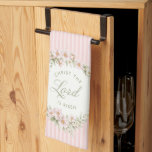 Christ the Lord is Risen | Spring Flowers Kitchen Towel<br><div class="desc">This kitchen towel has a wreath of pink flowers in a wreath with a pink striped background with text that says "Christ the Lord is Risen."</div>