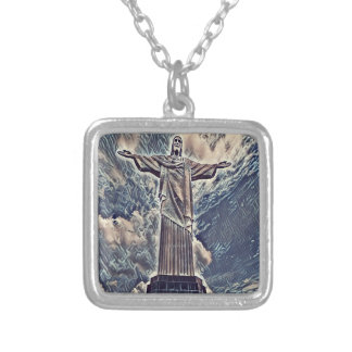 Christ the redeemer statue silver plated necklace