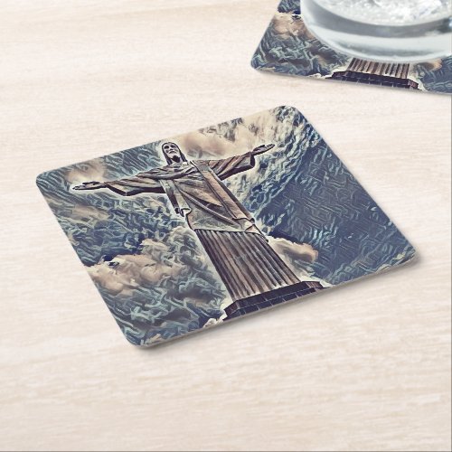 Christ the redeemer statue square paper coaster