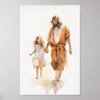 Christ with Girl Watercolor Art Print