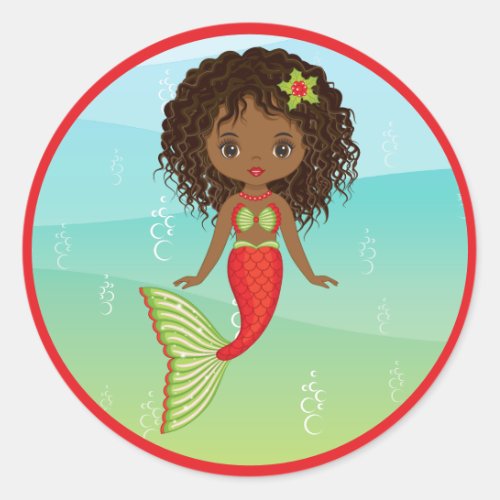 Christams African American Mermaid Round Sticker 