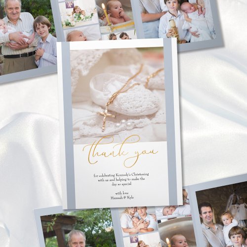 Christening 10 Photo Thank You Blue and White Tri_Fold Card