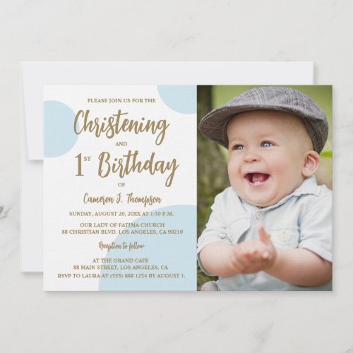 Christening 1st Birthday Photo Blue Gold Custom Invitation