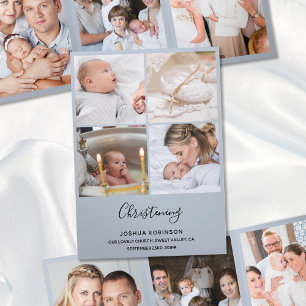 Christening 8 Photo Thank You Keepsake Blue Tri-Fold Card