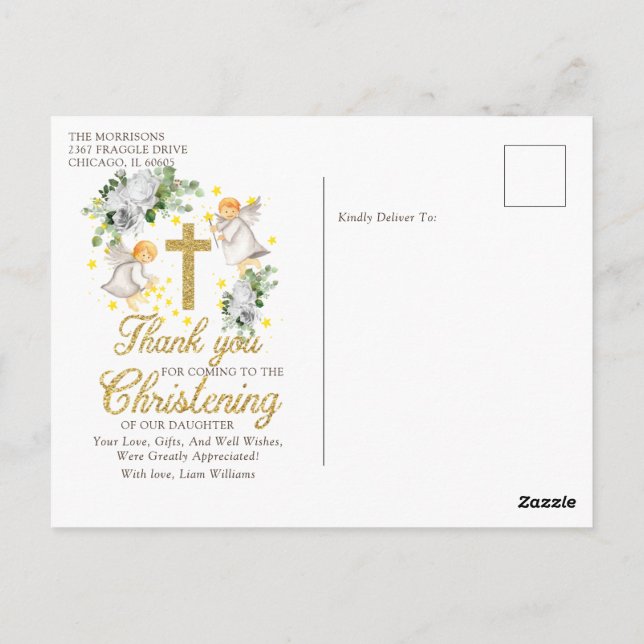 Christening Angels Glitter Thank you Postcard (Back)
