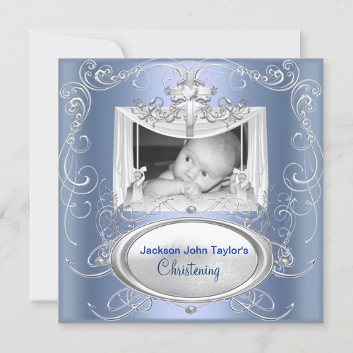 Christening Baptism Baby Boy Silver Blue Cross Invitation