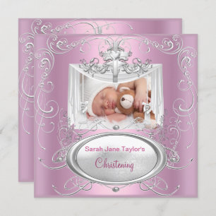 Christening Baptism Baby Girl Silver Pink Cross Invitation