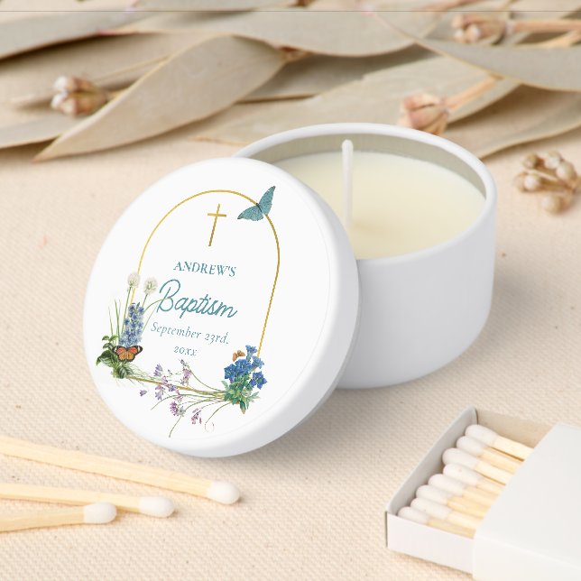 Christening Baptism Boy Blue Wildflowers Mini Candle Favors (Insitu)
