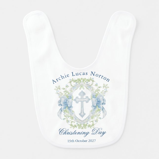 Christening Baptism Cross Crest Greenery Baby Bib (Front)