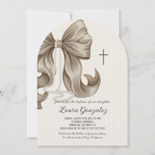 Christening Baptism Elegant Neutral Striped Bow  Invitation