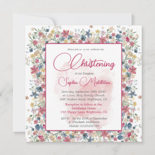 Christening Baptism Floral Burgundy Cross Invitation