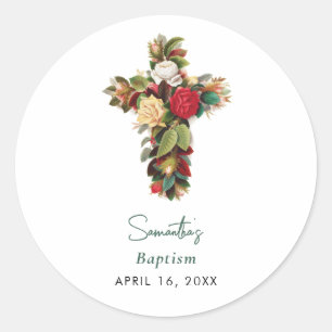 Christening Baptism Floral Cross Boy Girl Classic Round Sticker