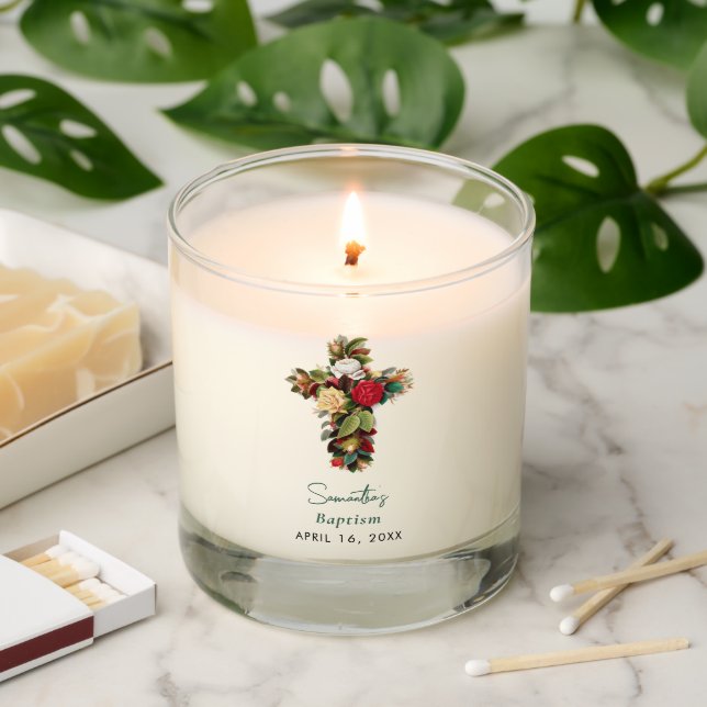 Christening Baptism Floral Cross Boy Girl Scented Candle (Lit)