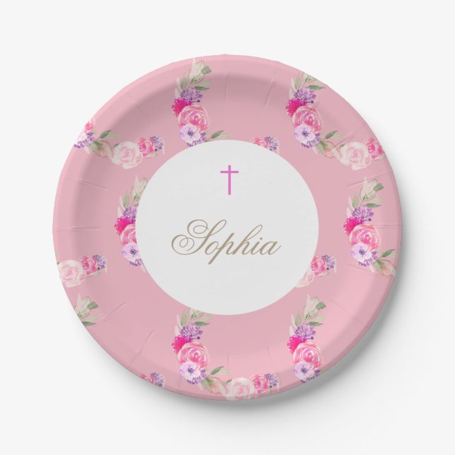 Christening | Baptism Girl Pink Floral Celebration Paper Plates (Front)