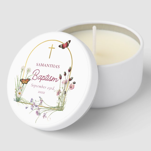 Christening Baptism Girl Pink Wildflowers Mini Candle Favors (Corner)