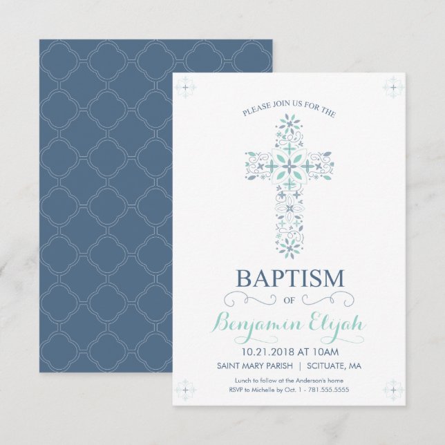Christening, Baptism Invitation - Baby Boy Invite (Front/Back)