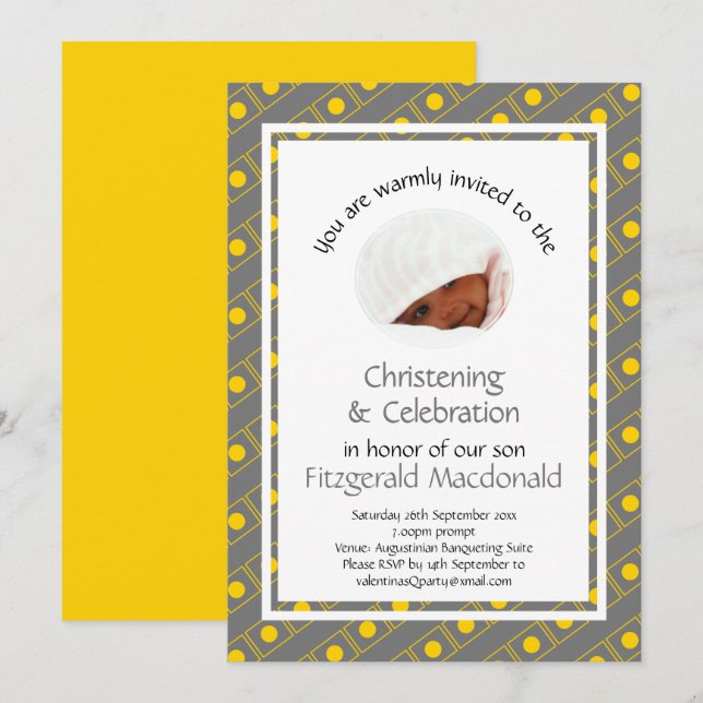 CHRISTENING Baptism | Photo | Stylish Yellow Gray Invitation (Front/Back)