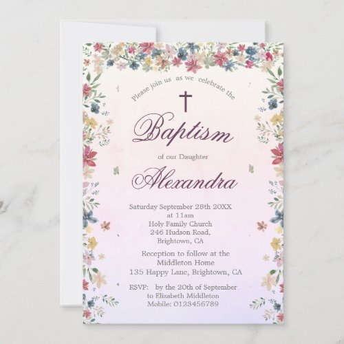 Christening Baptism  Pink Floral Flowers Girls Invitation