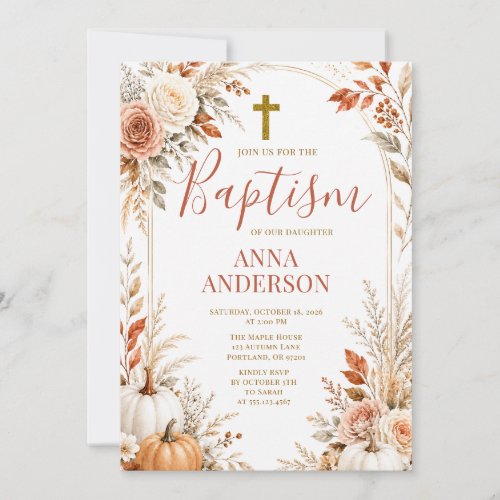 Christening Baptism Pumpkin Autumn Floral Cross Invitation