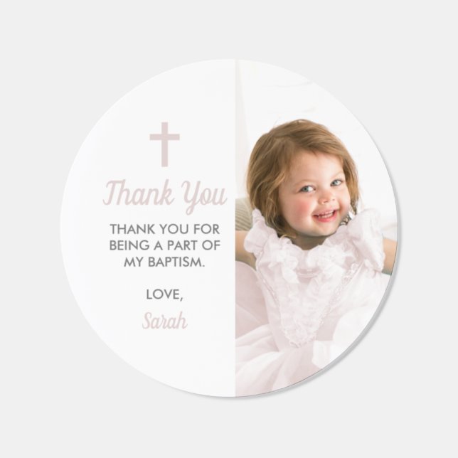 Christening Baptism Religious Pink Girl Photo Classic Round Sticker (Single)