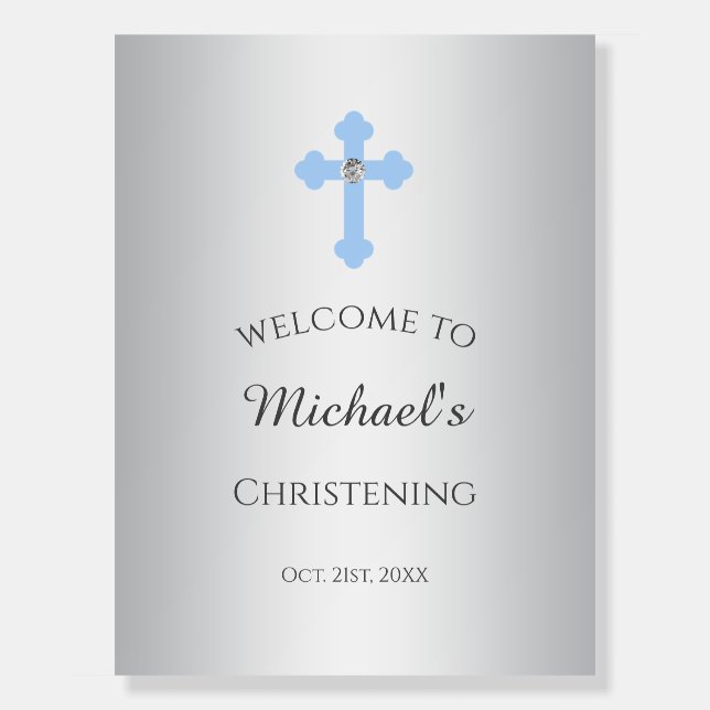 Christening Baptism Silver Blue Cross Welcome Boy Foam Board (Front)