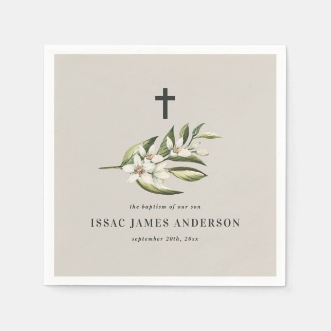 Christening baptism white floral foliage blossom napkins (Front)