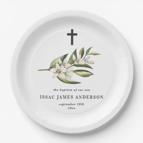 Christening baptism white floral foliage blossom paper plates