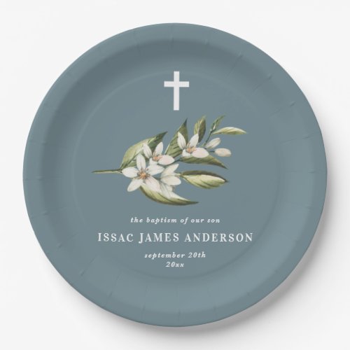 Christening baptism white floral foliage blossom paper plates