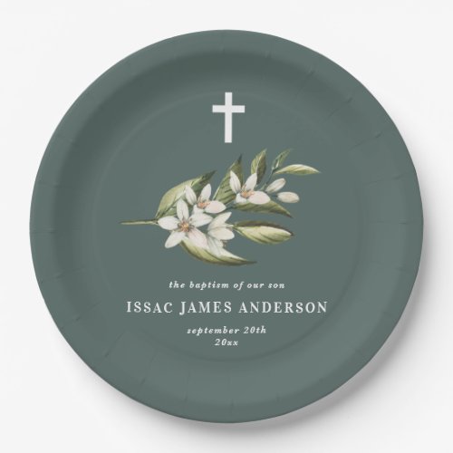 Christening baptism white floral foliage blossom paper plates