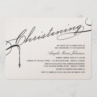 Christening Black Script Cross Photo Religious Invitation