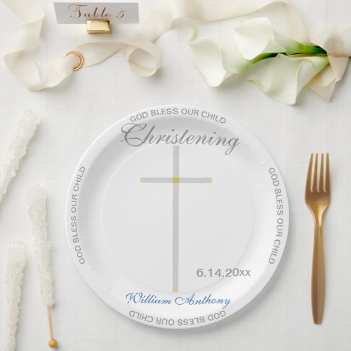 Christening Blue Boy Name Silver Cross Paper Plates