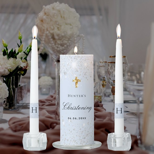 Christening blue boy silver glitter name unity candle set (Creator Uploaded)