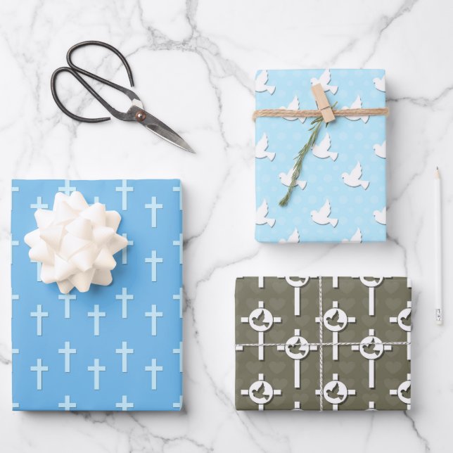 Christening Blue Cross Dove Wrapping Paper Sheets (Front)