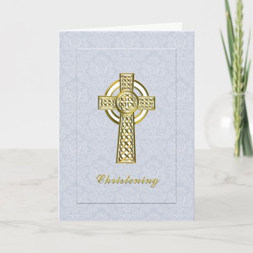 Christening Blue Damask with Gold Cross Invitation