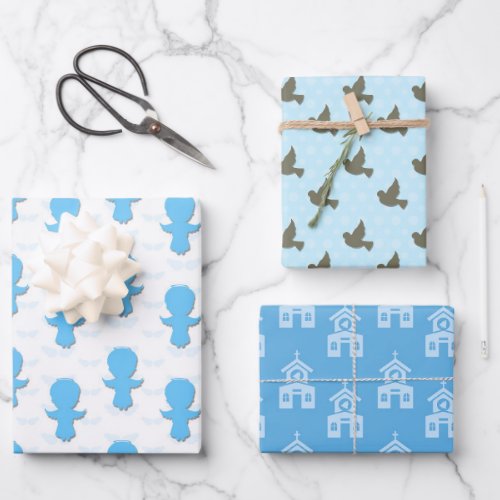 Christening Blue Dove Angel Church Wrapping Paper Sheets