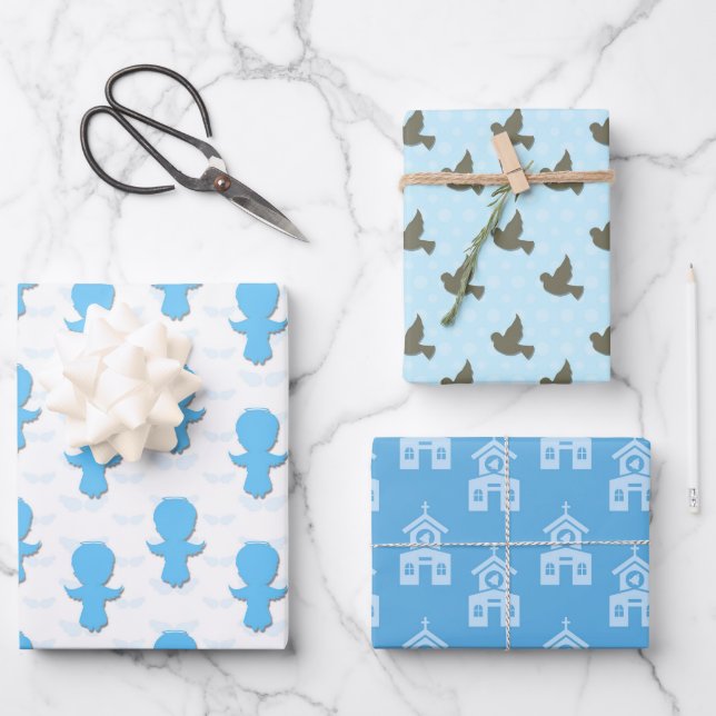 Christening Blue Dove Angel Church Wrapping Paper Sheets (Front)