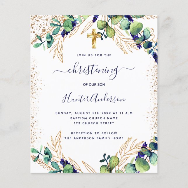 Christening blue eucalyptus greenery invitation flyer (Front)