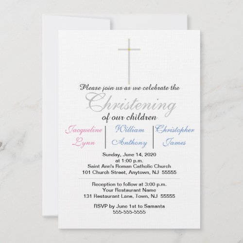 Christening Blue Pink Triplets Invitation