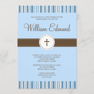 Christening Blue Stripe Invitation - Boy