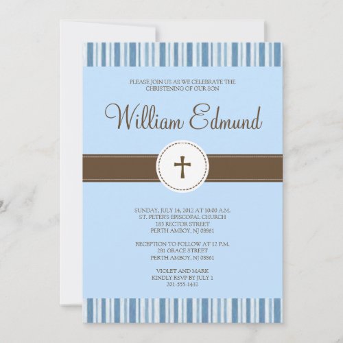 Christening Blue Stripe Invitation - Boy