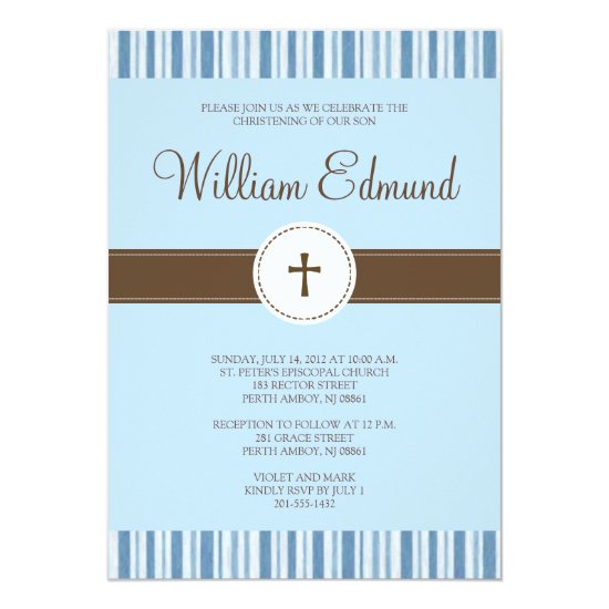 Christening Blue Stripe Invitation - Boy