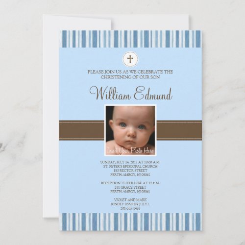 Christening Blue Stripe Photo Invitation - Boy