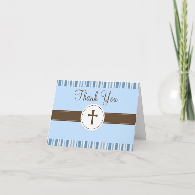 Christening Blue Stripe Thank You Card (Front)